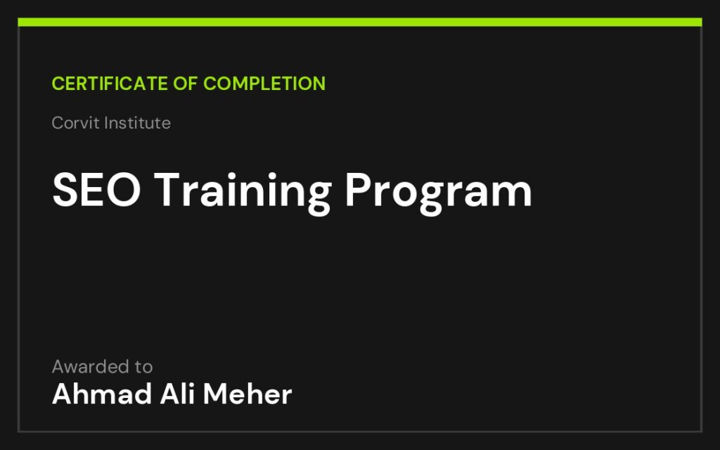 SEO Training Program certificate, Corvit Institute